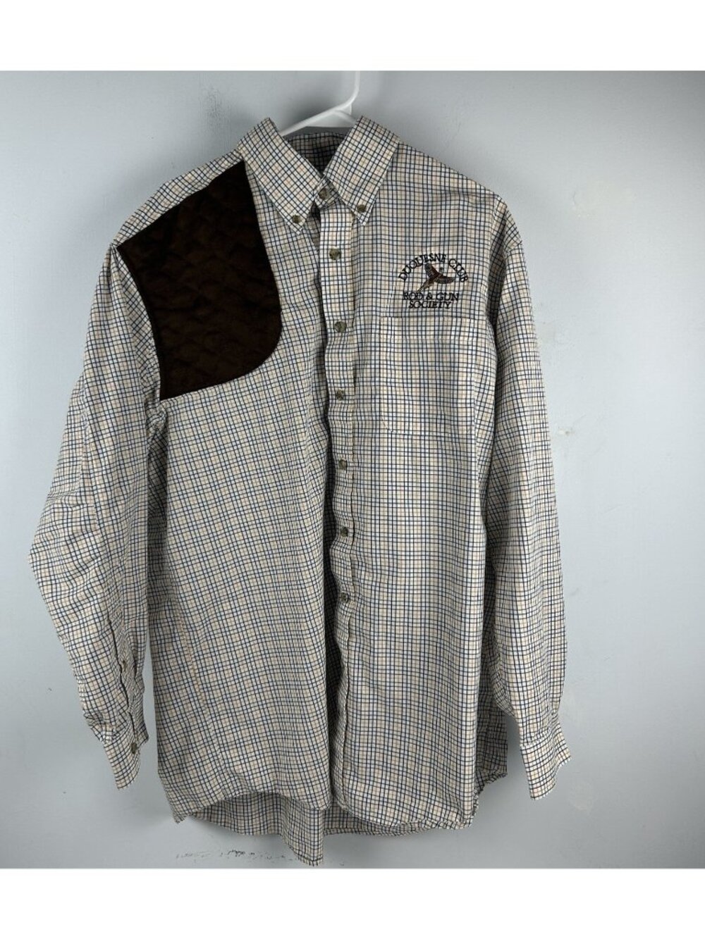 Kevin's White Plaid Cotton Shooting Shirt Duquesne Club Rod & Gun Society Sz L